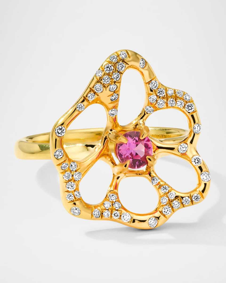 18K Gold Stardust Drizzle Medium Diamond Flora Ring with Pink Sapphires